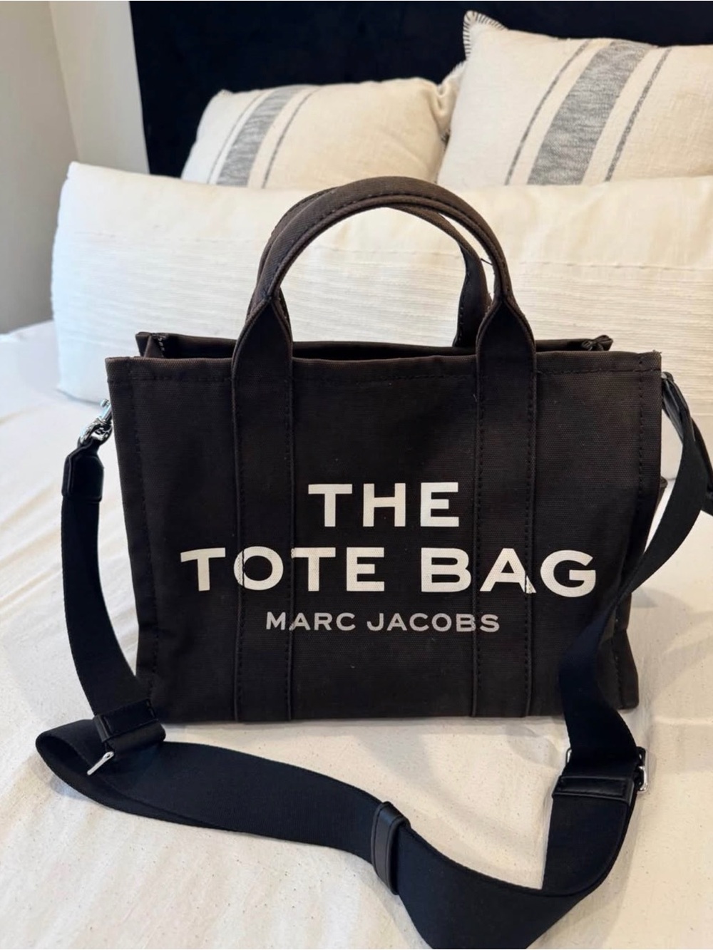 Marc Jacobs Black Canvas Messenger Tote with Bold White Logo